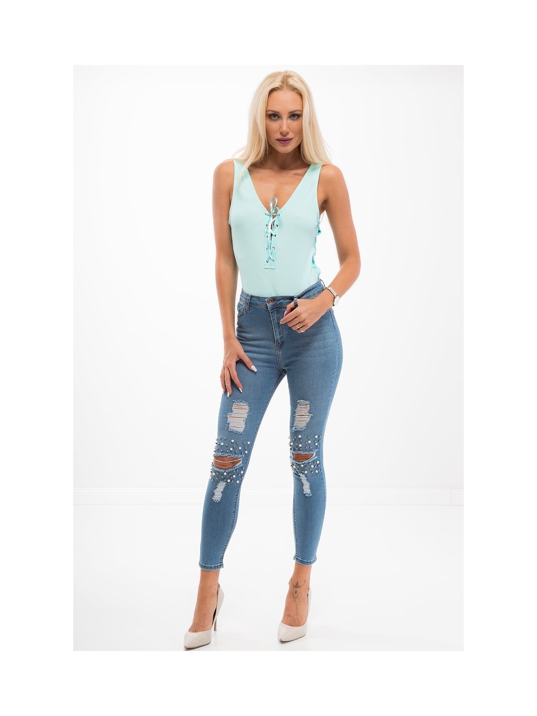 Turquoise bodysuit with ties 3554 - Online store - Boutique